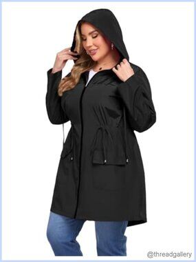 Plus Size Long Raincoat Lightweight Waterproof Hooded Windbreaker
